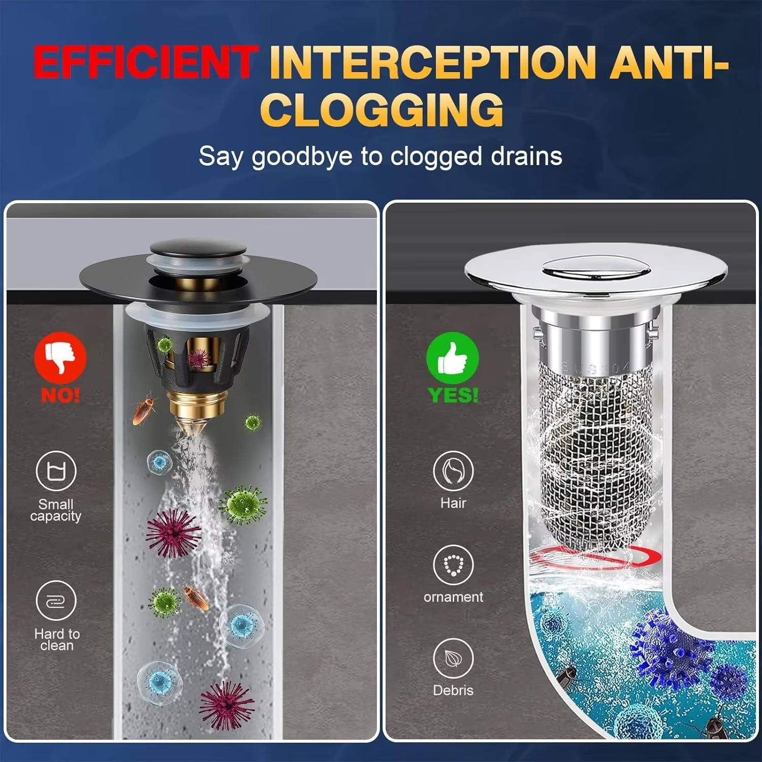 Innovative pop-up drain stopper & hair trap, offering universal fit and easy clean solution for clog prevention.
