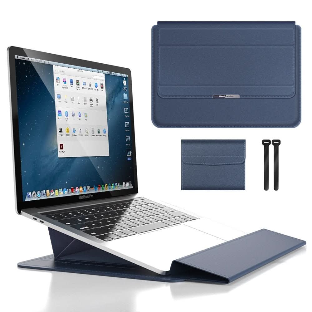 Ergonomic FlexiGuard laptop stand elevating a MacBook, reducing neck and wrist strain.