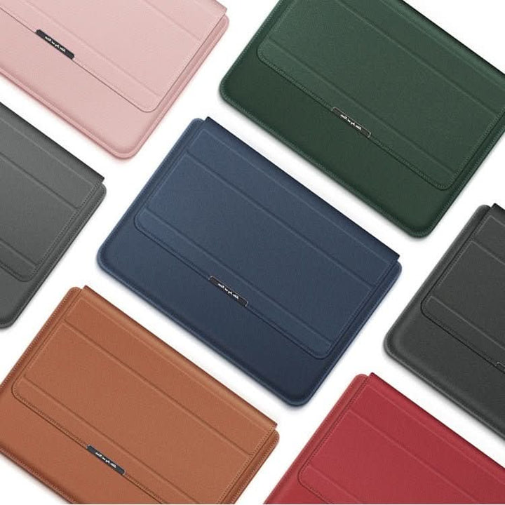 FlexiGuard laptop sleeve used as ergonomic stand, elevating screen for better posture.