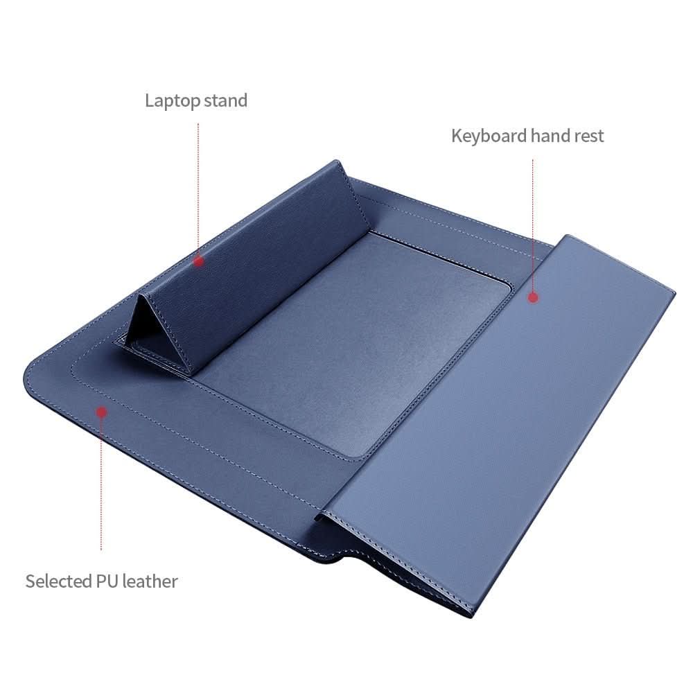 Portable FlexiGuard laptop stand & sleeve, ideal for remote work or travel, on a table.