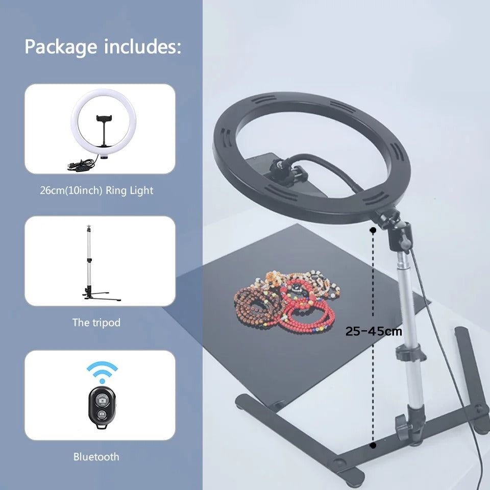 Adjustable ring light tripod with phone holder, perfect for phone photography, video, & selfies. USB powered.