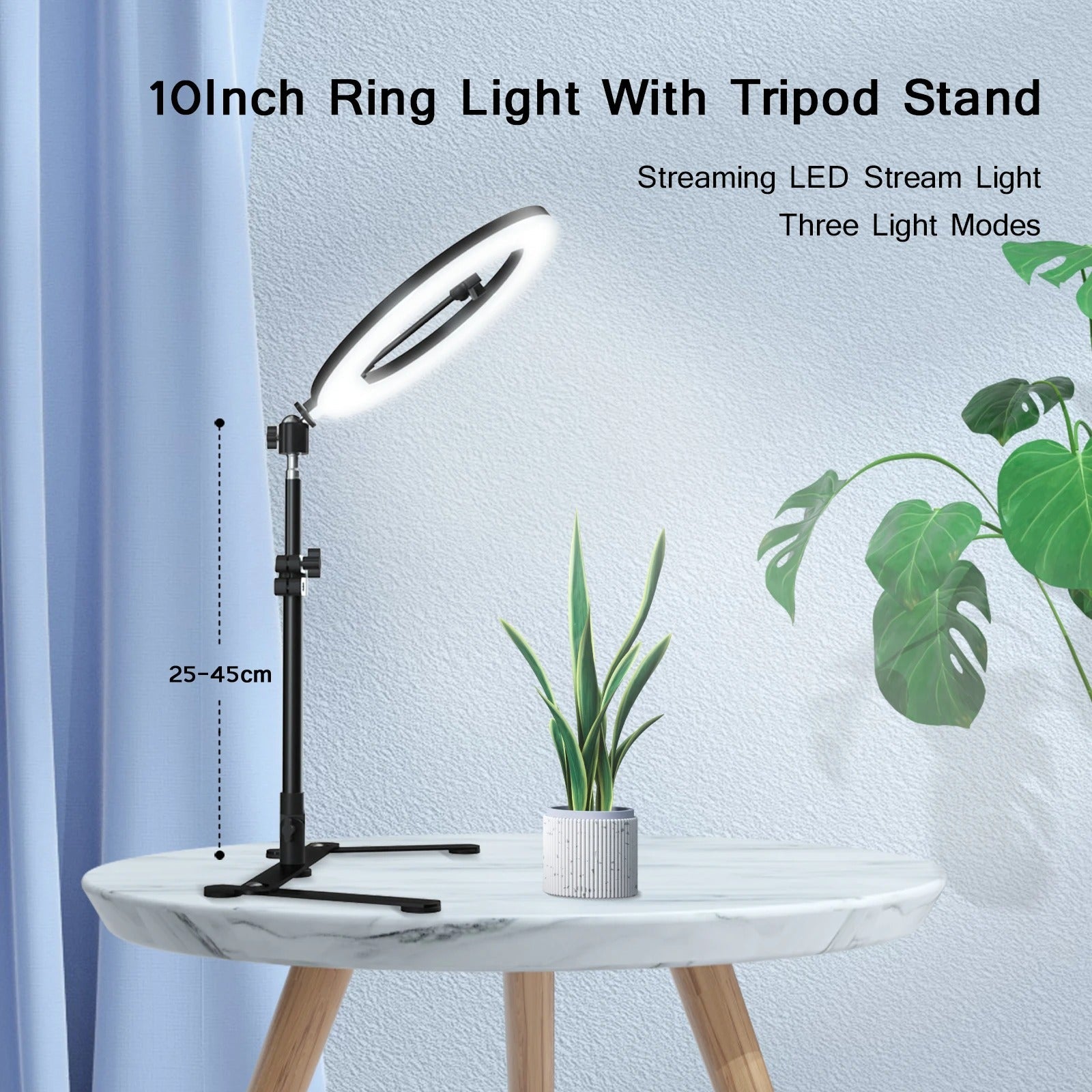 Portable USB-powered ring light tripod stand with phone holder for phone photography & video content creation.