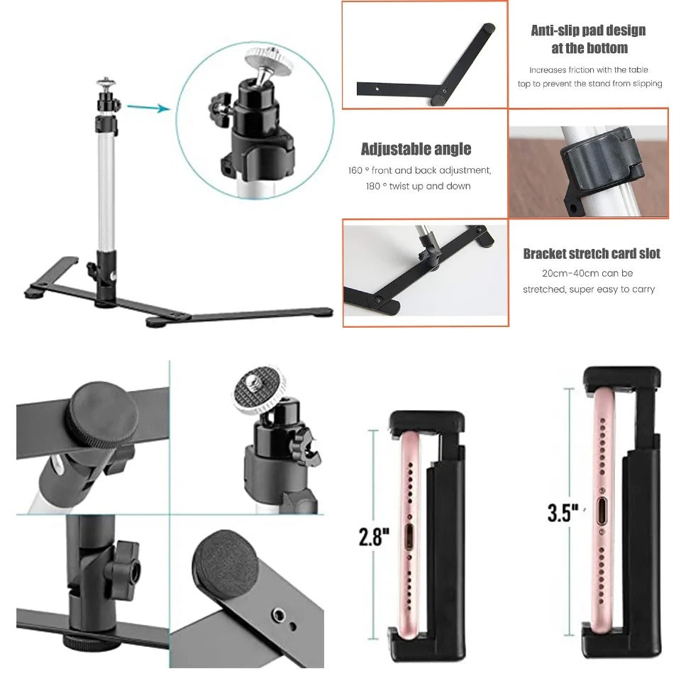 All-in-one universal ring light tripod stand & phone holder for live streaming, selfies, and video calls.