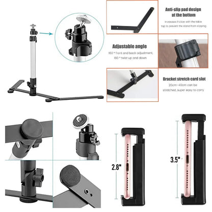 All-in-one universal ring light tripod stand & phone holder for live streaming, selfies, and video calls.