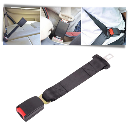 Black universal seat belt extender close-up, a safety auto interior car accessory for all vehicles.
