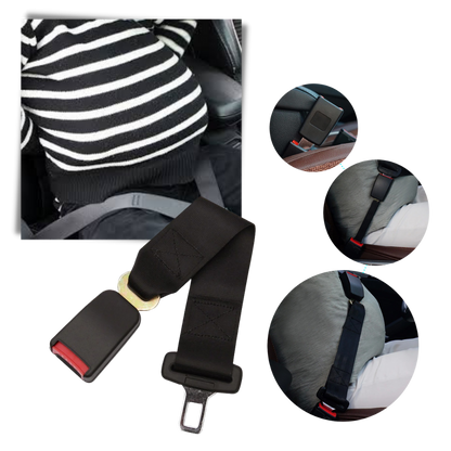 Car interior with an installed universal seat belt extender, improving comfort & safety for all passengers.