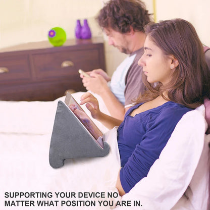 Comfortable tablet viewing pillow for home, hands-free stand, soft suede phone holder accessory.