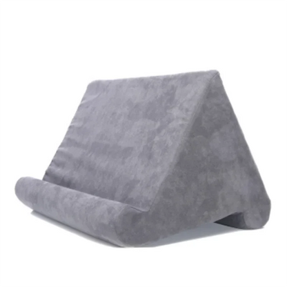 Portable tablet viewing pillow stand for travel, hands-free phone holder, ergonomic & soft.