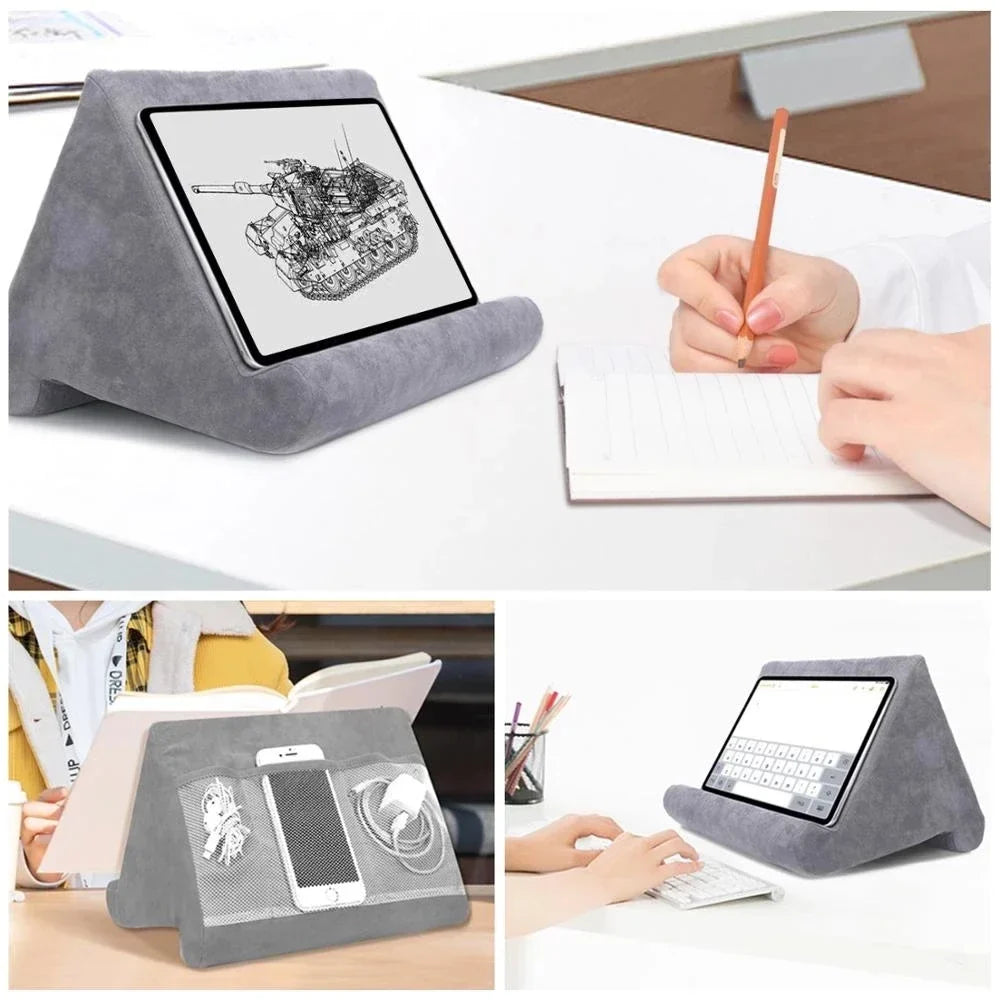 Ergonomic hands-free viewing pillow stand for tablets, e-readers & phones, soft & portable.
