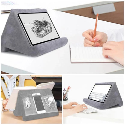 Ergonomic hands-free viewing pillow stand for tablets, e-readers & phones, soft & portable.