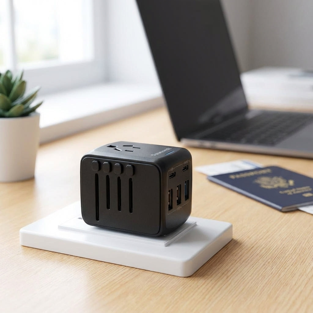 Universal travel adapter with 4 USB ports for global charging of phones, tablets, and devices.