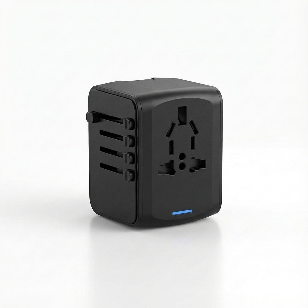 Compact universal travel adapter with multiple plug types & USB charger for international travel.