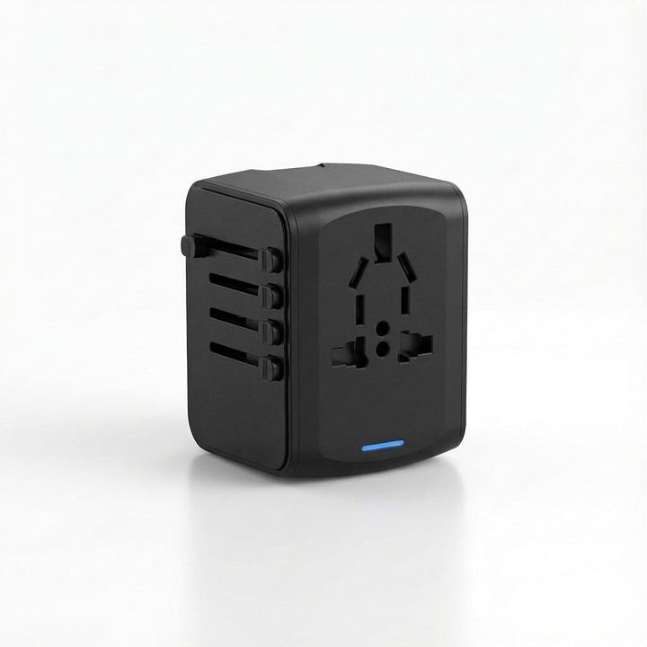 Compact universal travel adapter with multiple plug types & USB charger for international travel.