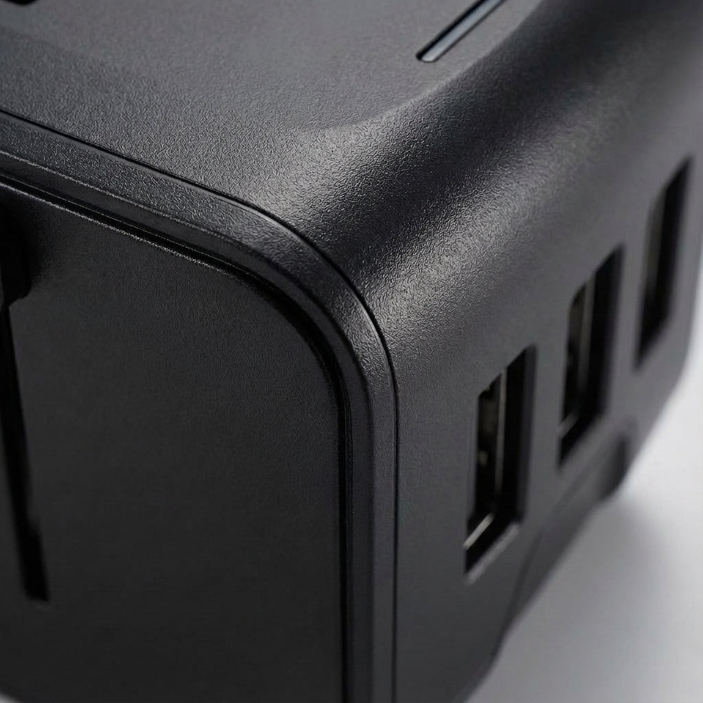 Safe multi-port global travel adapter, power adapter for worldwide use, charges all electronic devices.
