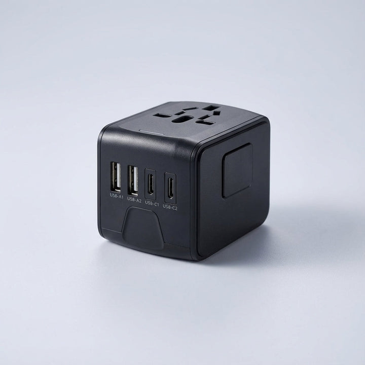 Portable universal travel adapter and USB charger, essential electronic accessory for global device charging.