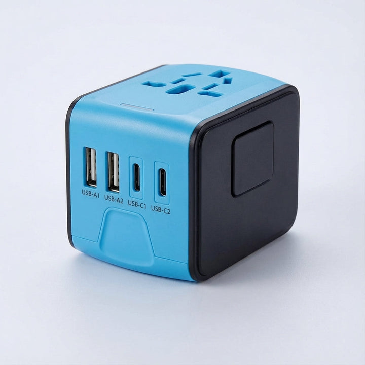 PlugSwift universal travel adapter with USB ports ensures seamless international power for all your electronics.