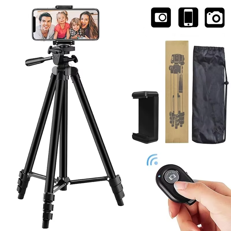 Universal tripod stand with Bluetooth remote, perfect for phones, DSLRs, photography & videography.