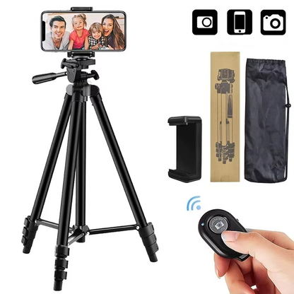 Universal tripod stand with Bluetooth remote, perfect for phones, DSLRs, photography & videography.