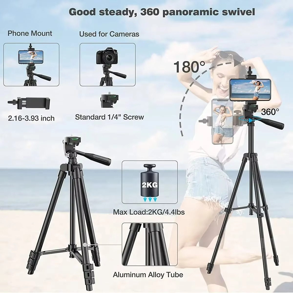 Lightweight, portable phone & DSLR tripod stand with remote shutter for vlogging, travel, and photography.