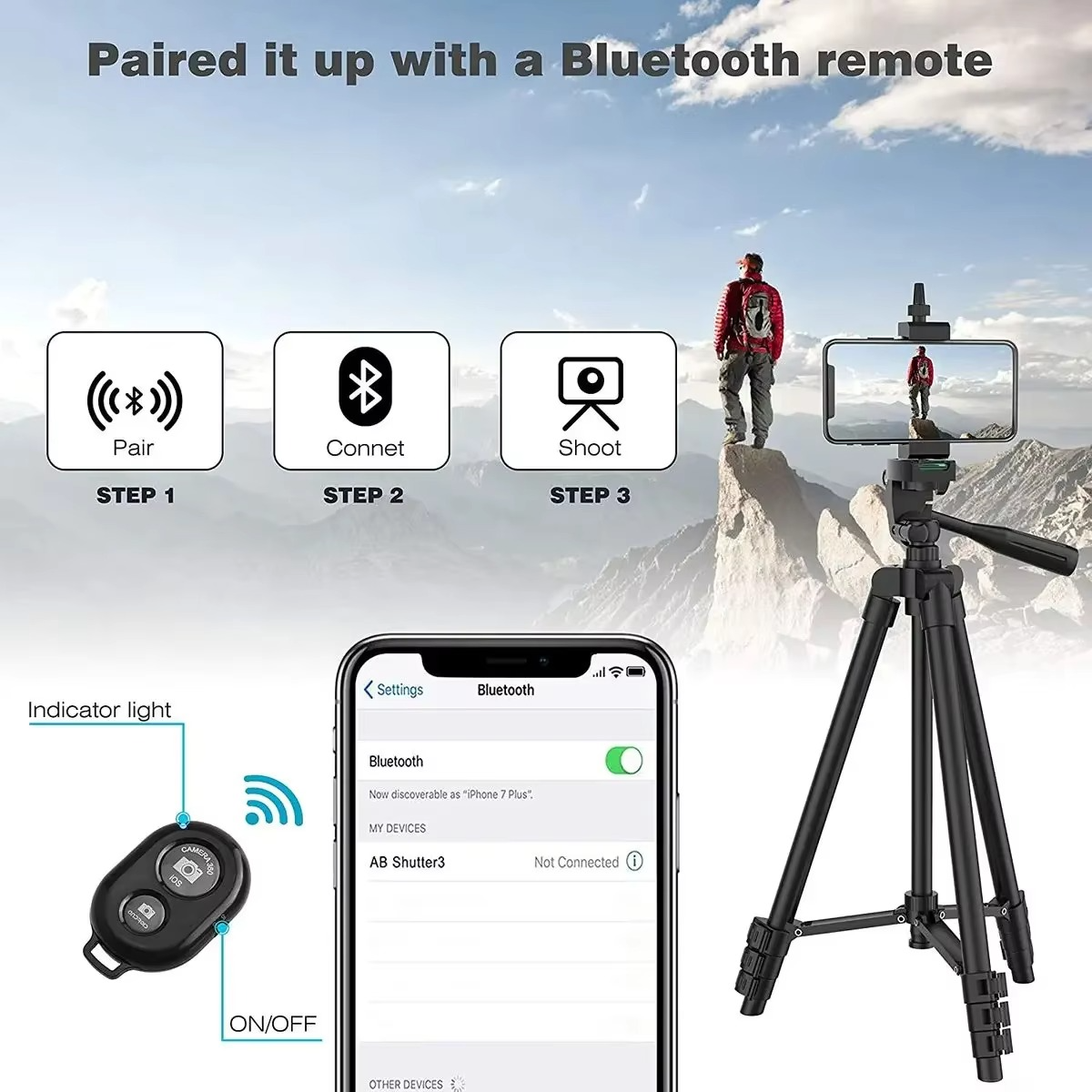 Bluetooth remote camera stand for phones & DSLRs, ideal for stable photography, videography & selfies.