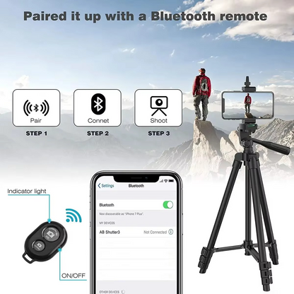 Bluetooth remote camera stand for phones & DSLRs, ideal for stable photography, videography & selfies.
