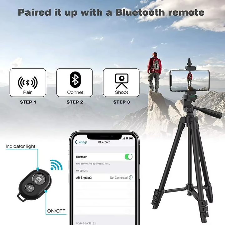 Bluetooth remote camera stand for phones & DSLRs, ideal for stable photography, videography & selfies.