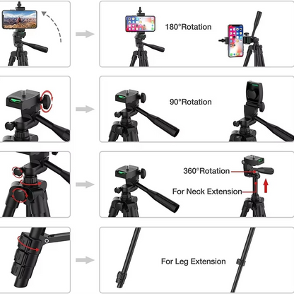 Sturdy, universal tripod stand with Bluetooth remote, ensuring stable shots for any phone or DSLR camera.
