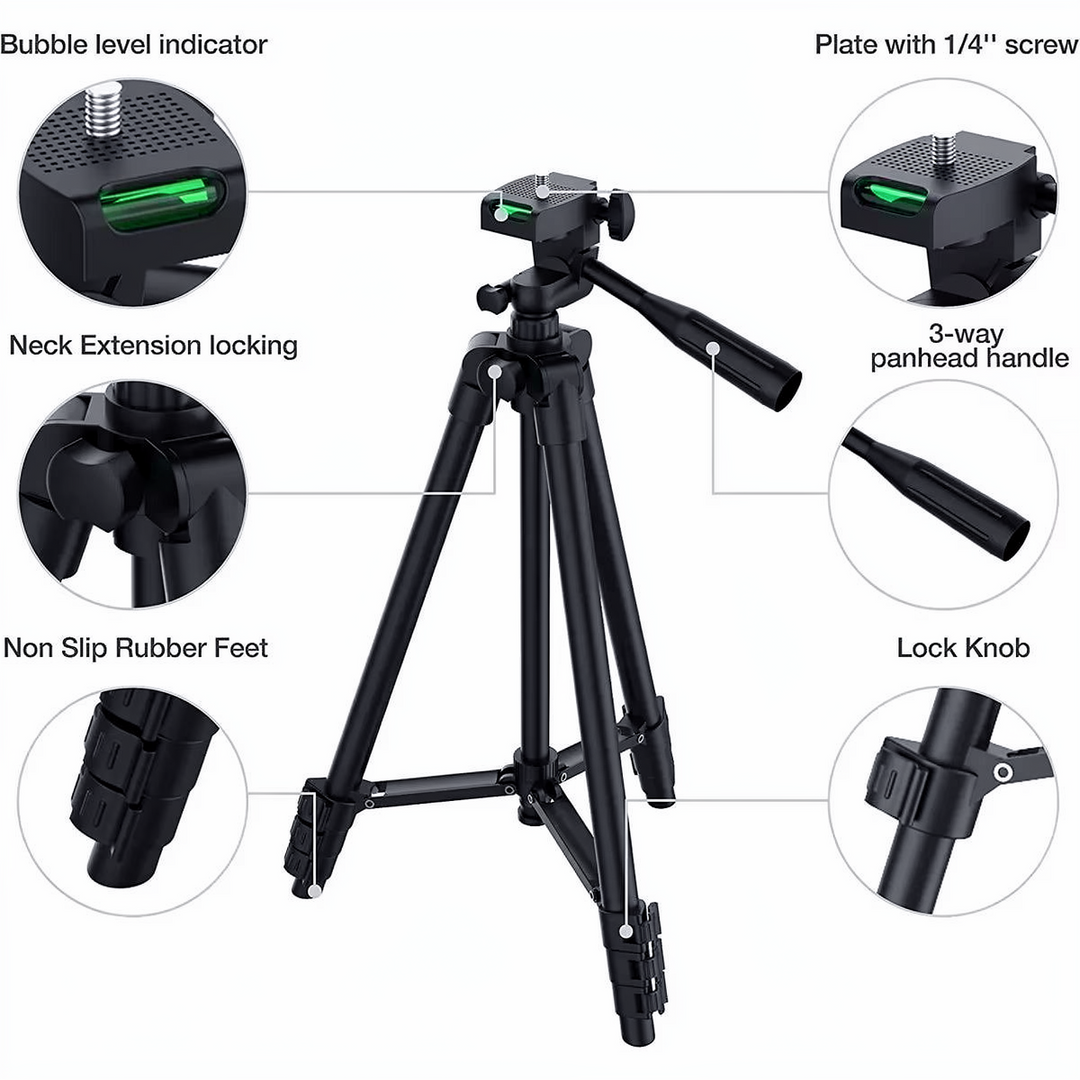 Compact travel tripod with Bluetooth remote for phones & DSLRs, making vlogging & photography easy on-the-go.