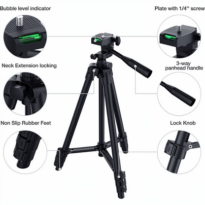 Compact travel tripod with Bluetooth remote for phones & DSLRs, making vlogging & photography easy on-the-go.