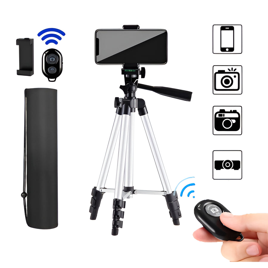 Capture stunning photos & videos with this universal tripod stand & Bluetooth remote for phones & DSLR cameras.