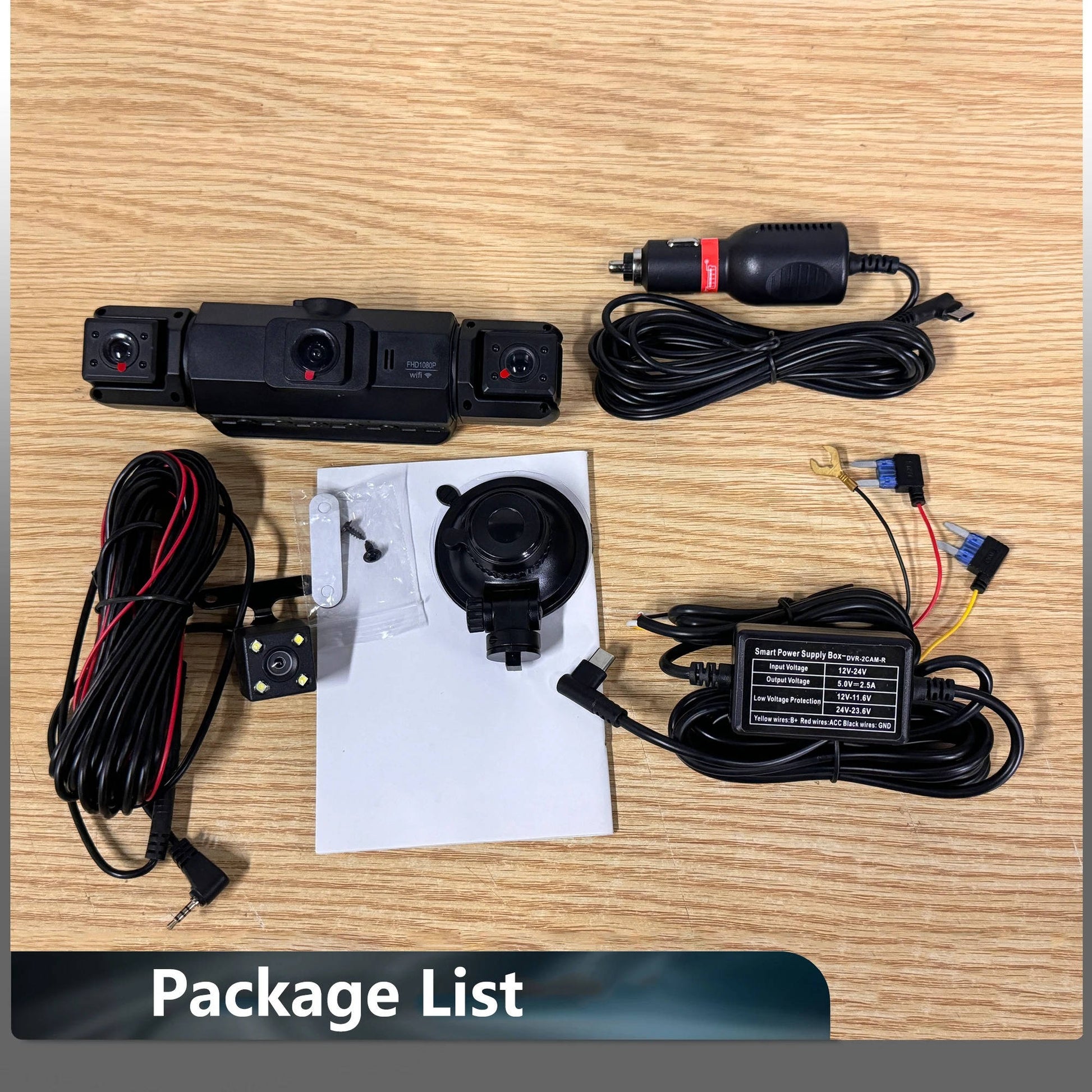 Vehicle security dash cam with G-sensor, wireless front and rear cameras, and night vision.