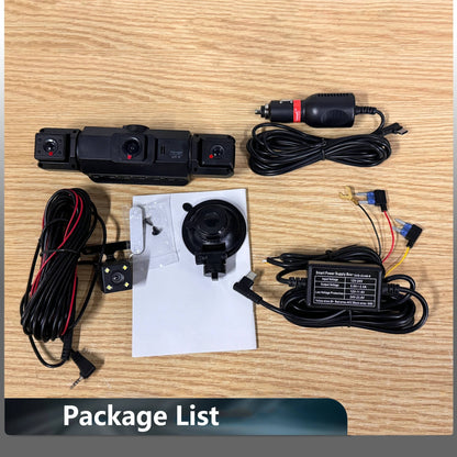 Vehicle security dash cam with G-sensor, wireless front and rear cameras, and night vision.