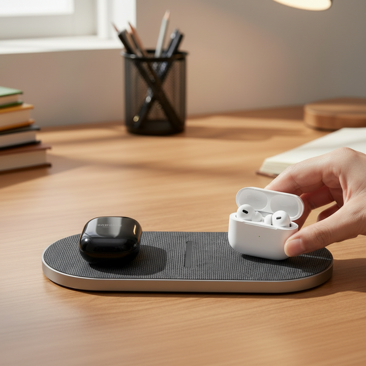 Sleek Qi compatible wireless fast charging pad. Charge multiple devices like phones and earbuds quickly & cable-free.
