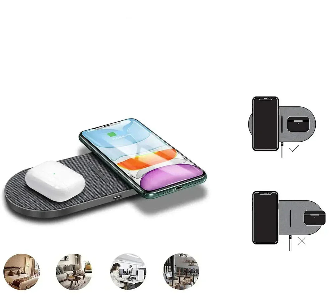 Cable-free fast charging pad. Universal wireless power for iPhone, Samsung, and other Qi compatible devices.