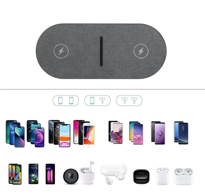 Modern wireless phone charger pad with fast charging for multiple devices. Keep your desk tidy & powered up.