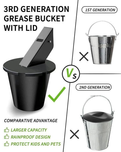 Heavy-duty grease collector for grills & smokers, featuring a secure lid for mess-free outdoor cooking and storage.