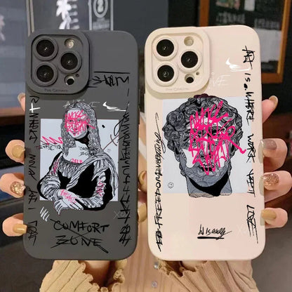 Urban art iPhone case with graffiti Mona Lisa print. Sleek TPU design, shock absorbent, supports wireless charging.