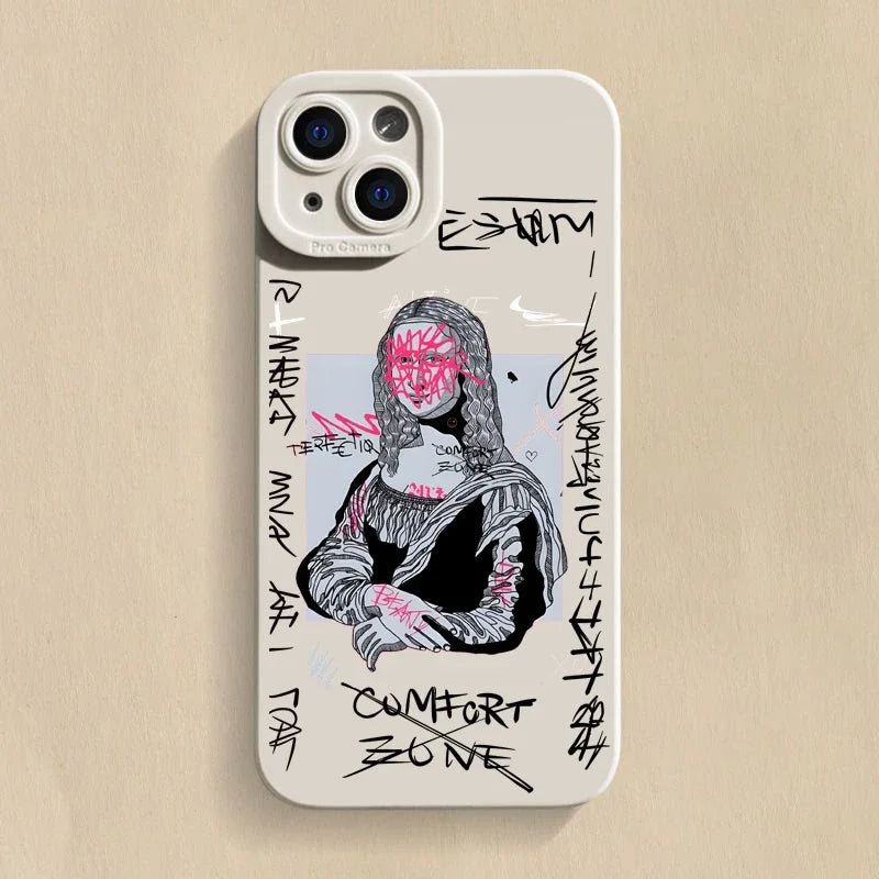 Stylish urban art iPhone case, Mona Lisa & David design. Offers phone protection, wireless charging, and shock absorption.