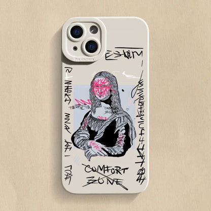 Stylish urban art iPhone case, Mona Lisa & David design. Offers phone protection, wireless charging, and shock absorption.