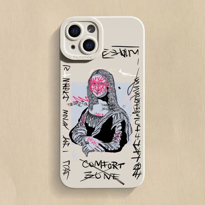 Stylish urban art iPhone case, Mona Lisa & David design. Offers phone protection, wireless charging, and shock absorption.