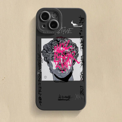 Graffiti art iPhone case with Mona Lisa & David. Durable, sleek TPU, shock absorbent, wireless charging.