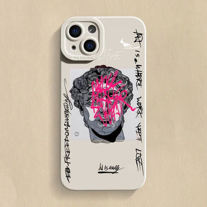 Iconic art iPhone case with urban graffiti Mona Lisa & David print. Phone protection, sleek TPU, wireless charging.