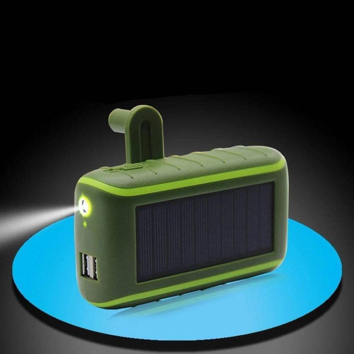 USB hand crank solar power bank with built-in flashlight, ideal for emergencies & outdoor gear