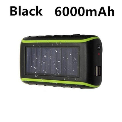 USB power bank with convenient hand crank and solar charging, plus a powerful flashlight for survival
