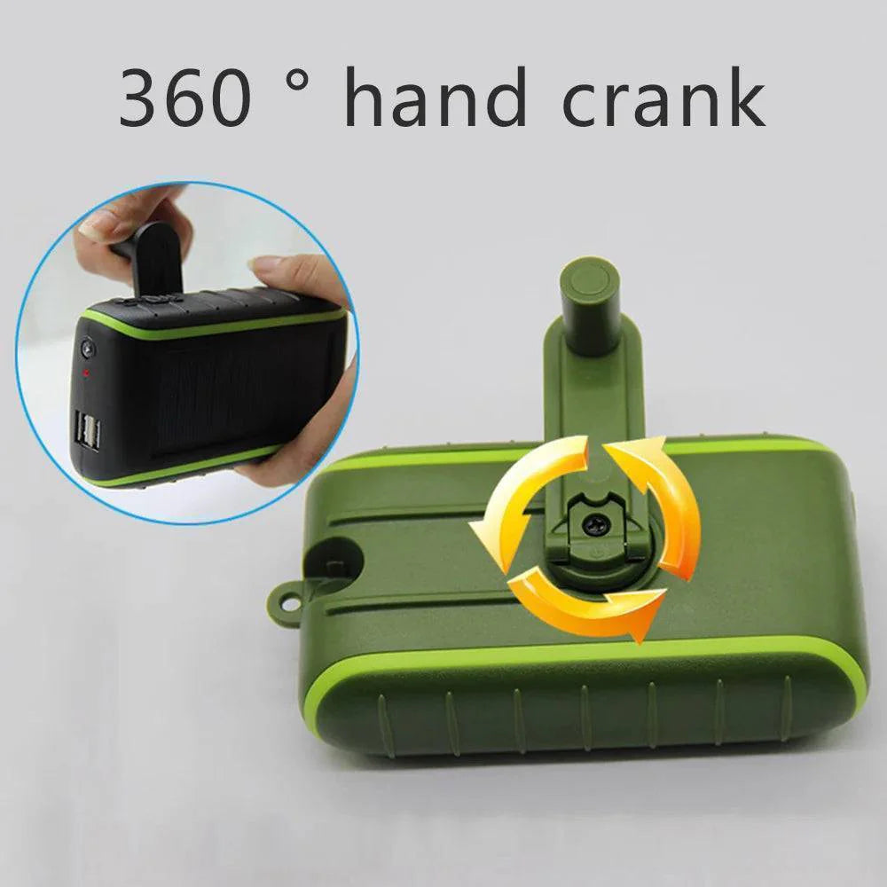 Outdoor gear: USB solar charger power bank with hand crank & flashlight for survival situations