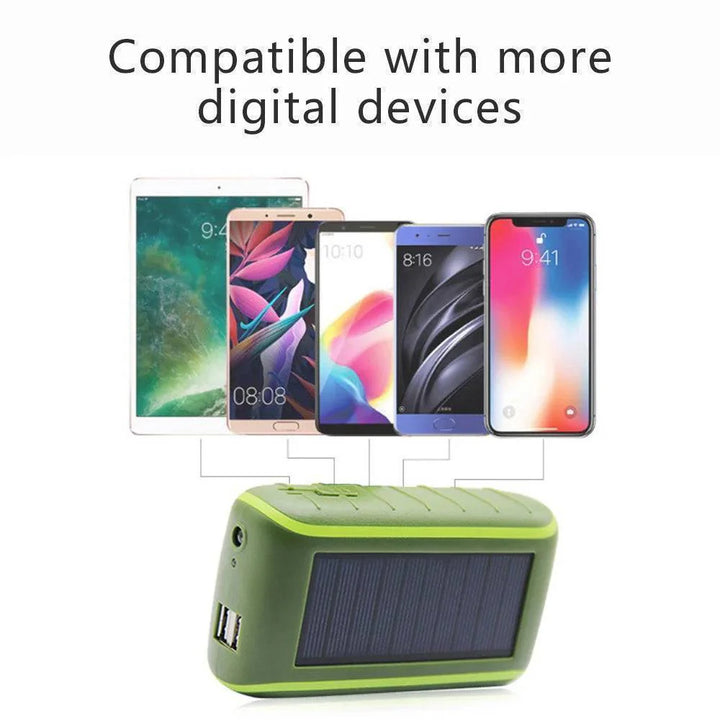 Compact hand crank solar power bank with USB output and bright flashlight for camping and emergencies
