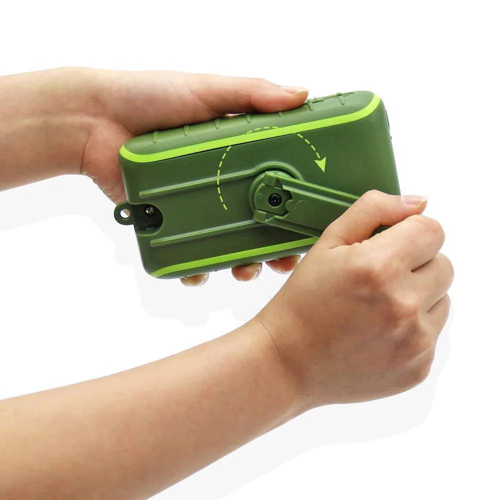 Survival gear: Emergency power bank with solar panel, manual crank, and LED flashlight