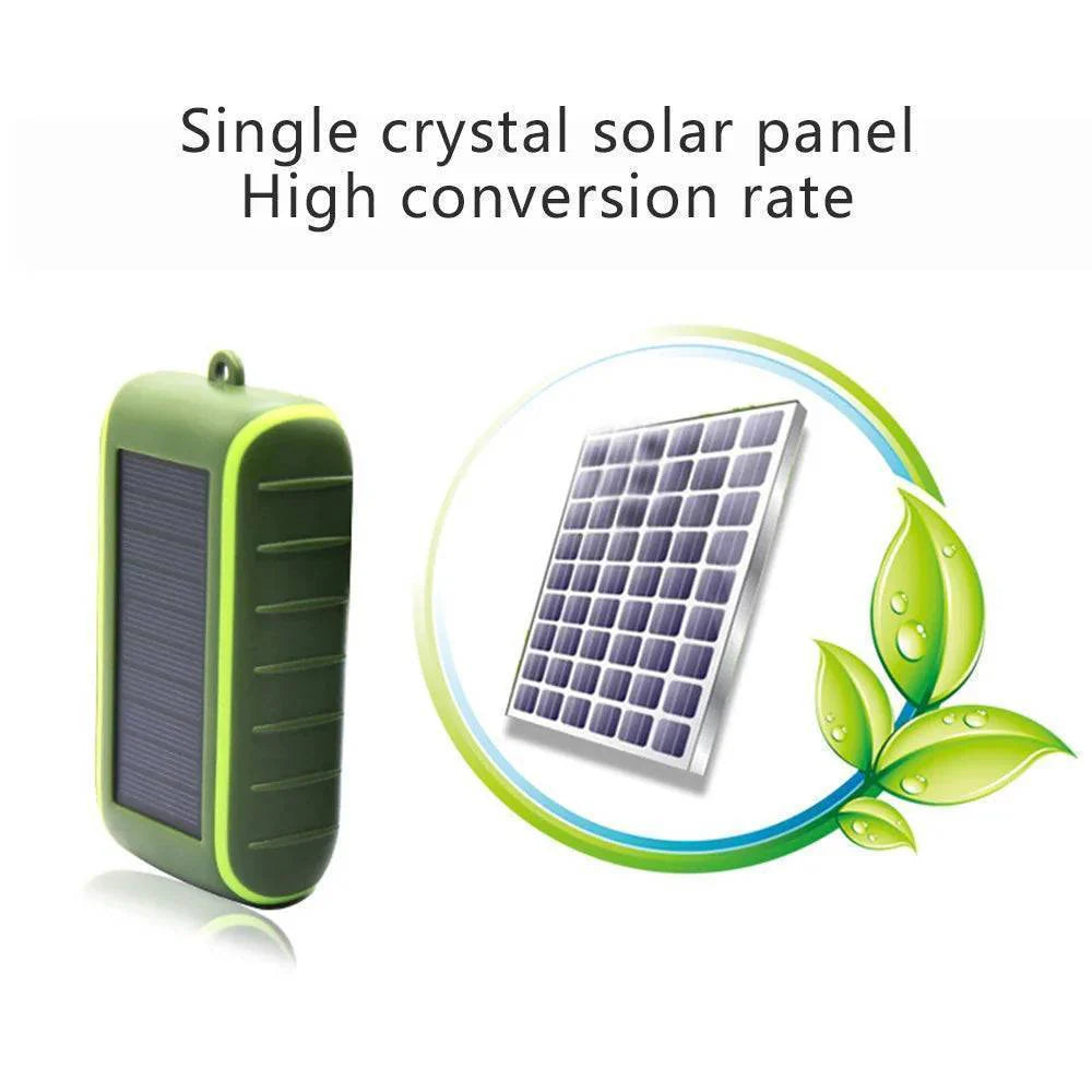 USB portable charger with solar charging capabilities, hand crank generator, & flashlight function