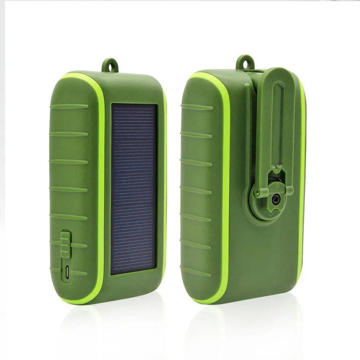Power bank for outdoor adventures, combining solar, hand crank, and flashlight features