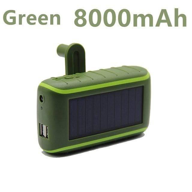 Emergency solar charger with USB port, hand crank for power generation, and integrated flashlight